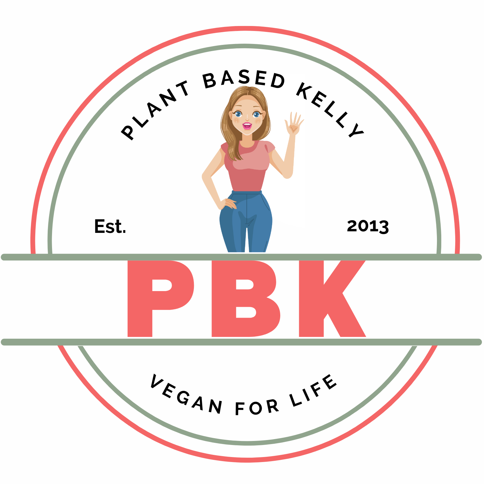 Plant Based Kelly's logo features a curvy girl wavy in a friendly way to welcome all those who want to learn about vegan weight loss
